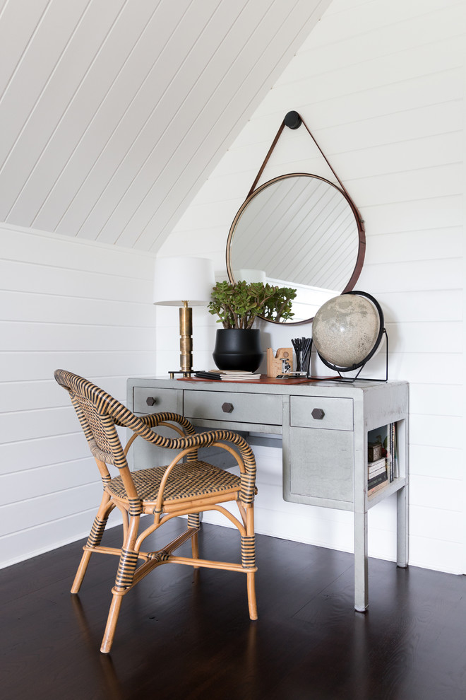 Inspiration for a small nautical study in New York with white walls, dark hardwood flooring and a freestanding desk.