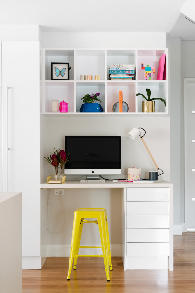 Design ideas for a small contemporary home office in Perth with a built-in desk.
