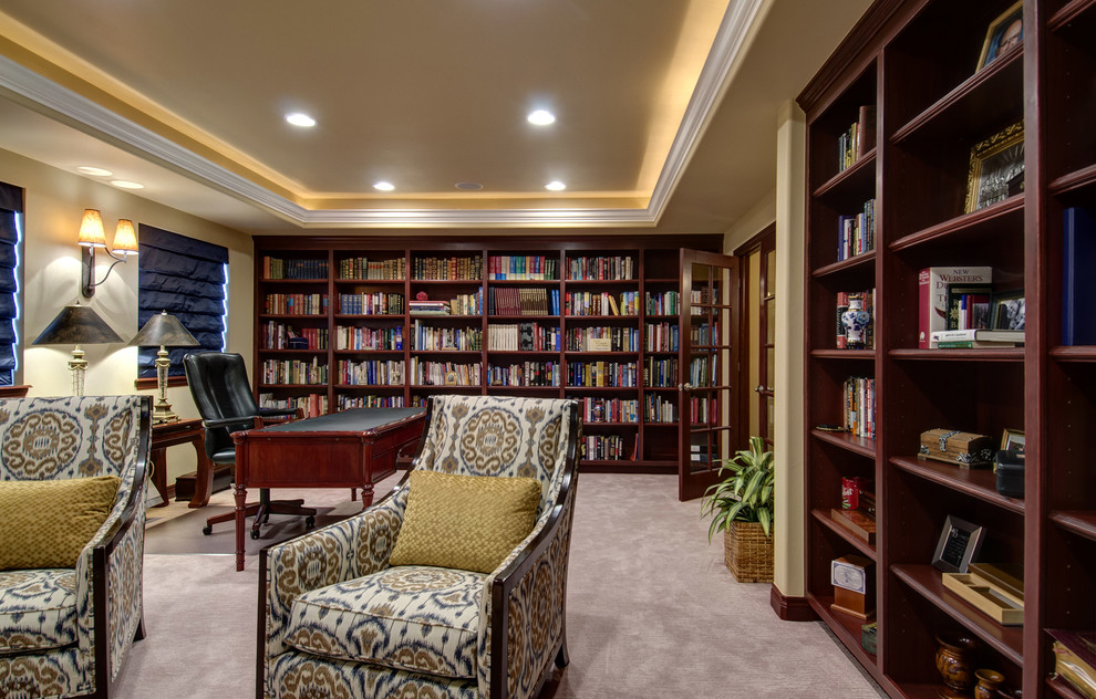 Large elegant freestanding desk carpeted and beige floor study room photo in Denver with beige walls and no fireplace