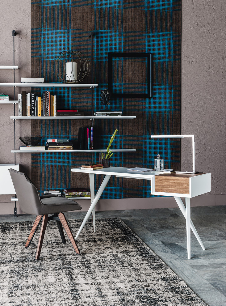 Идея дизайна: рабочее место среднего размера в стиле модернизм с синими стенами, полом из керамической плитки, отдельно стоящим рабочим столом и серым полом