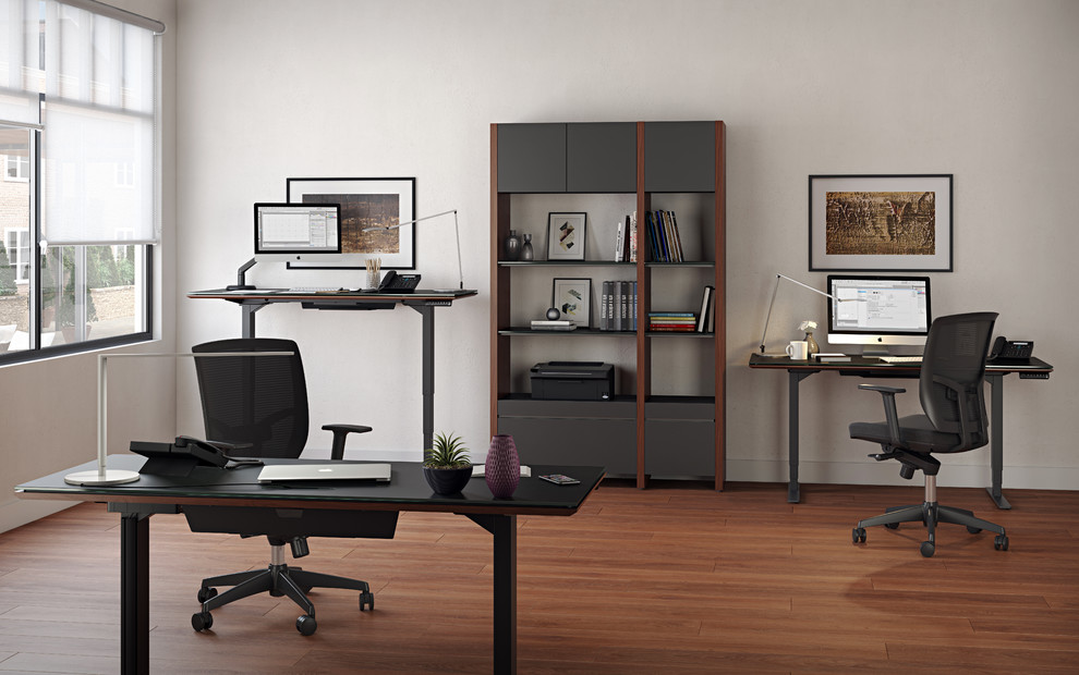 Foto de despacho contemporáneo grande con paredes blancas, suelo de madera en tonos medios y escritorio independiente
