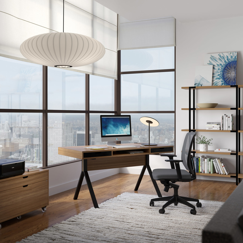 Aménagement d'un bureau moderne avec un mur blanc, un sol en bois brun et un bureau indépendant.