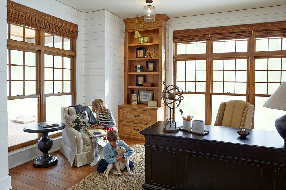 Design ideas for a large coastal home office in Minneapolis with white walls, no fireplace and a freestanding desk.