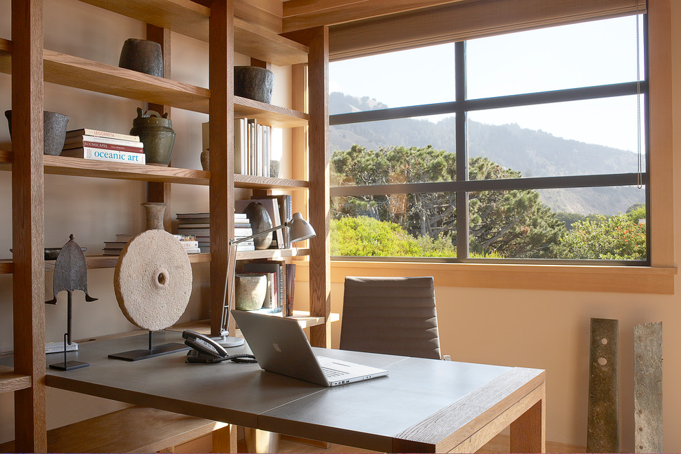 Home office - small coastal built-in desk home office idea in San Francisco