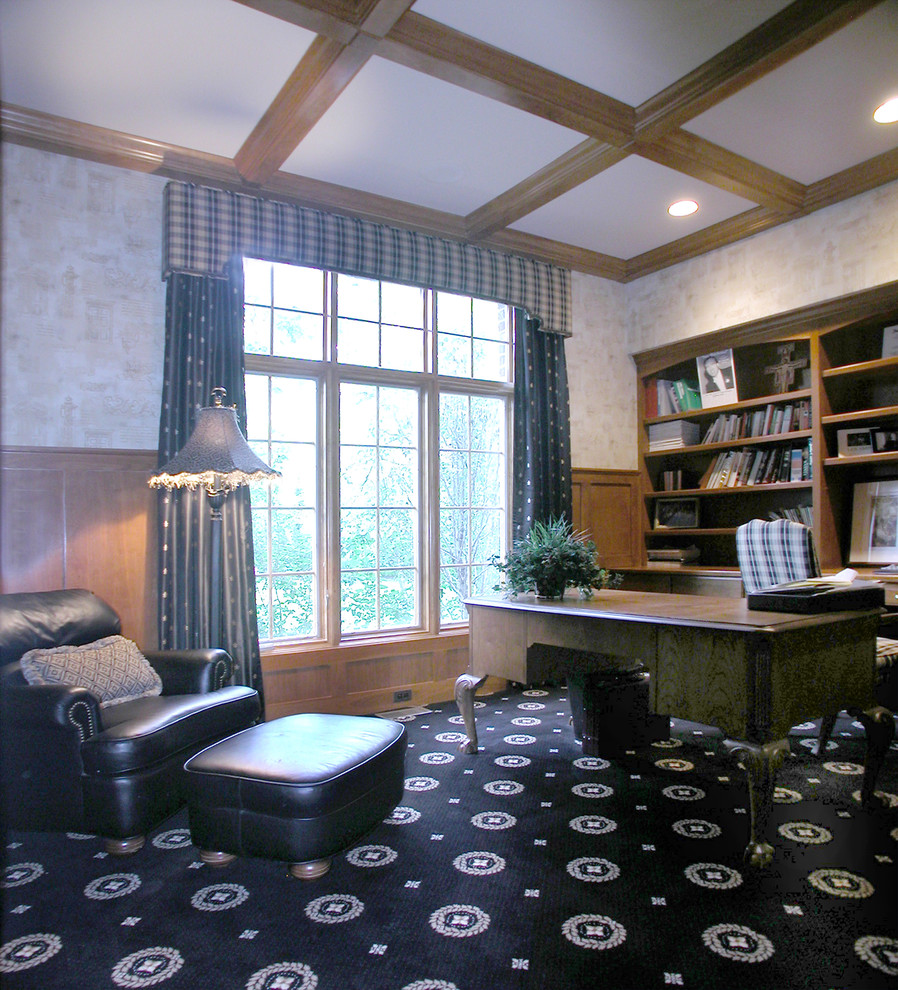Mid-sized elegant freestanding desk carpeted and black floor study room photo in Chicago with beige walls