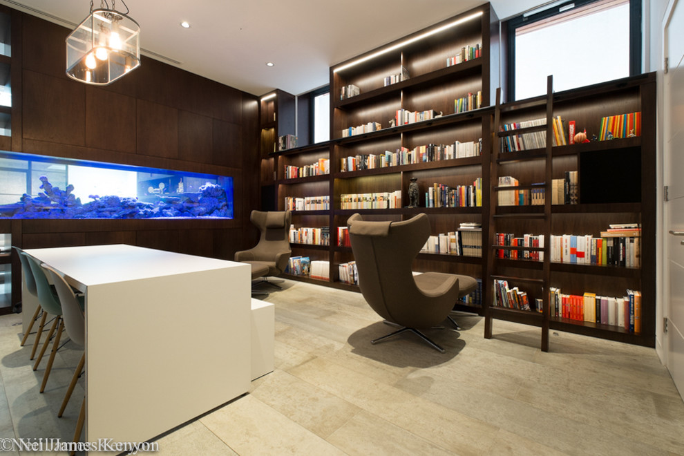 Inspiration for a mid-sized freestanding desk ceramic tile home office library remodel in London with white walls