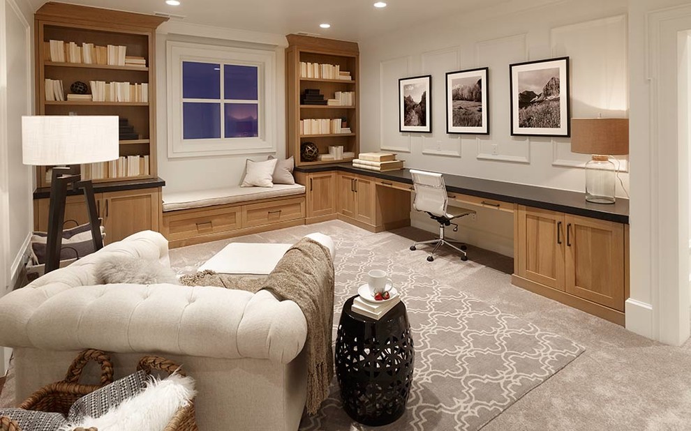 Large elegant built-in desk carpeted and gray floor study room photo in Salt Lake City with white walls and no fireplace
