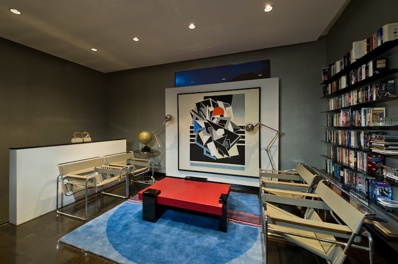 Home studio - modern freestanding desk ceramic tile home studio idea in Los Angeles with gray walls
