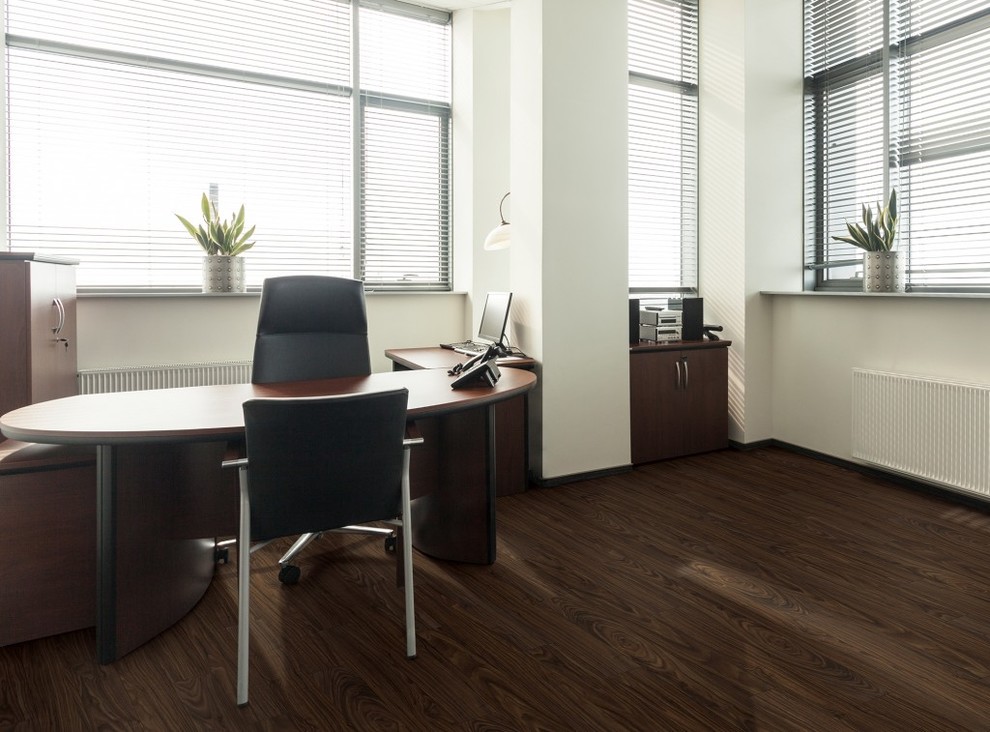 Cette image montre un bureau minimaliste avec un sol en vinyl.