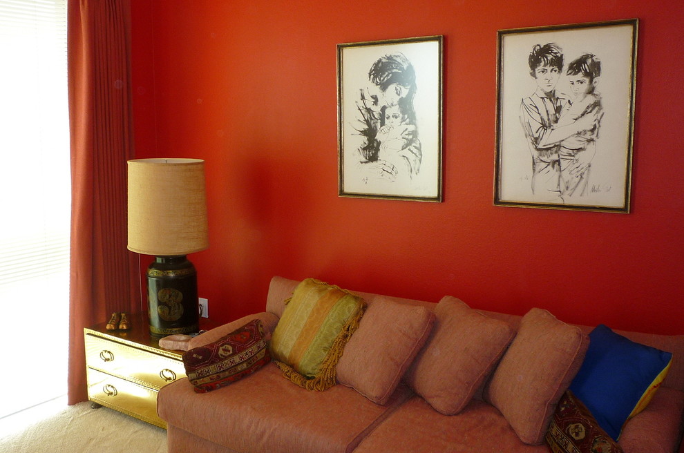 Study room - small eclectic built-in desk carpeted study room idea in Miami with red walls and no fireplace