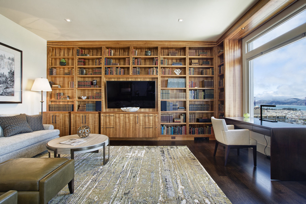 Trendy freestanding desk dark wood floor study room photo in San Francisco with white walls