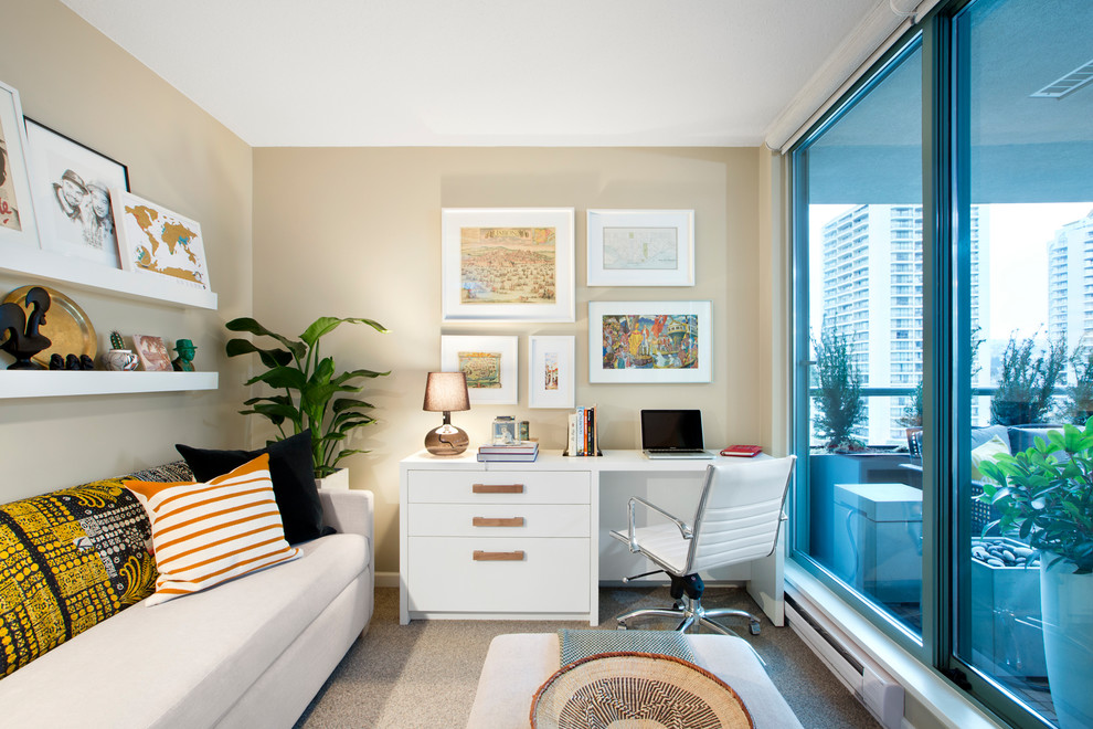 Example of a small transitional freestanding desk carpeted study room design in Vancouver with beige walls and no fireplace