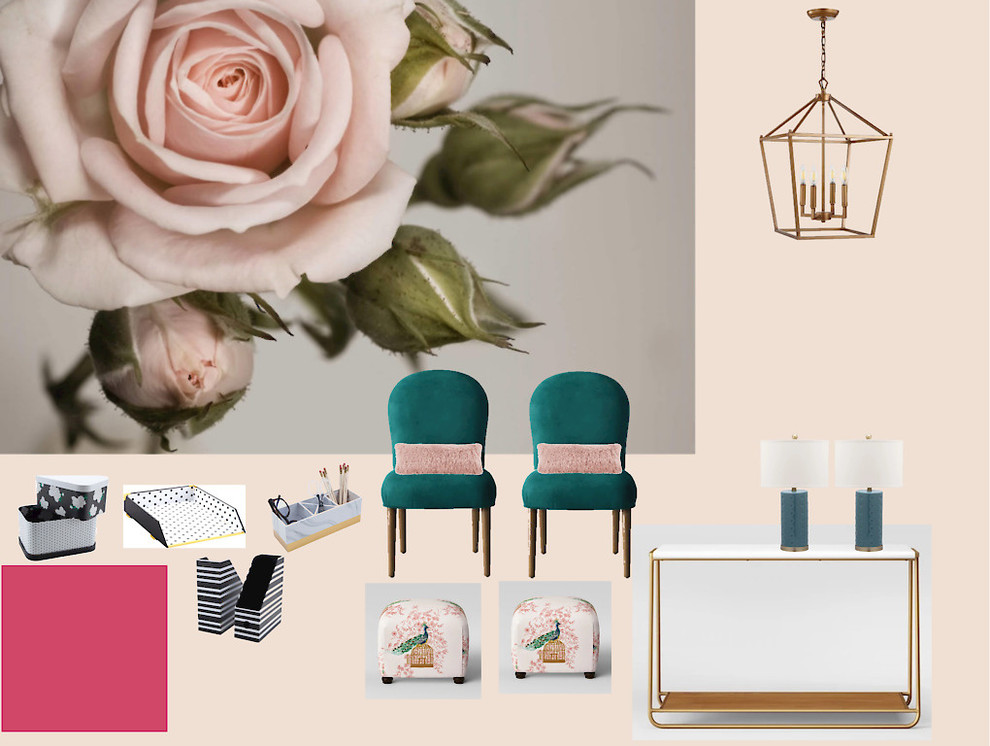 Kleines Shabby-Style Arbeitszimmer mit Studio, rosa Wandfarbe und freistehendem Schreibtisch in Denver