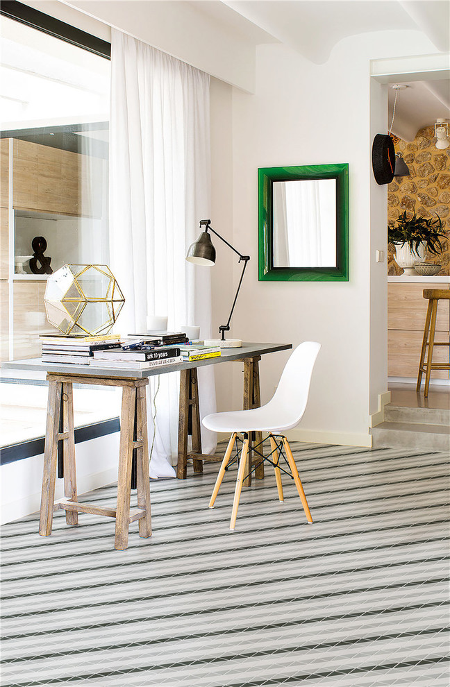 Contemporary home office in Orange County with porcelain flooring and multi-coloured floors.