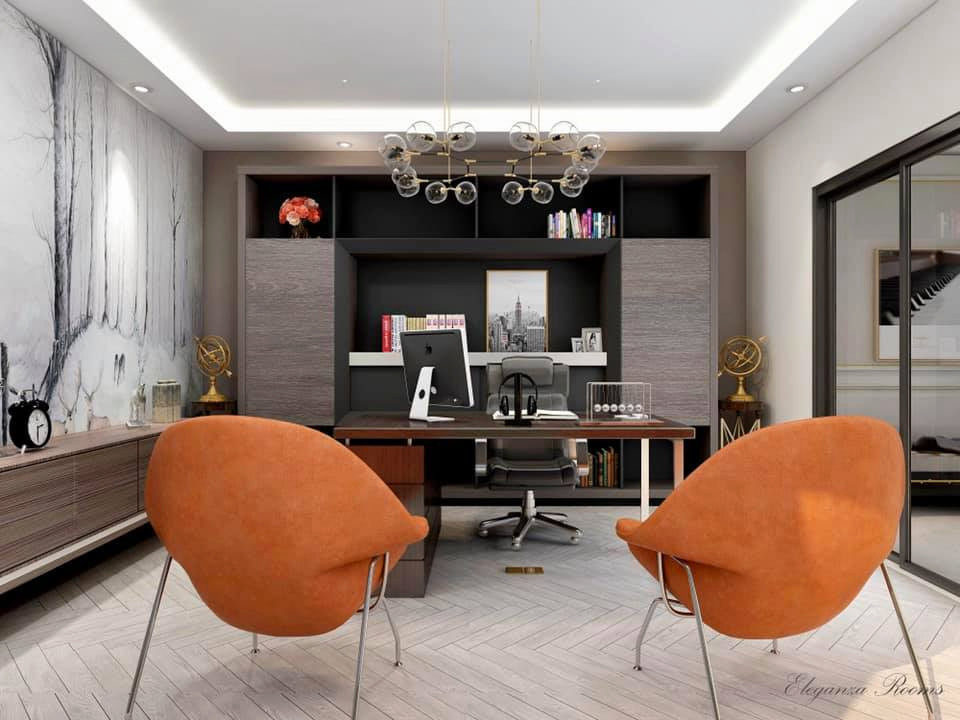 Источник вдохновения для домашнего уюта: кабинет в стиле модернизм с светлым паркетным полом и серым полом