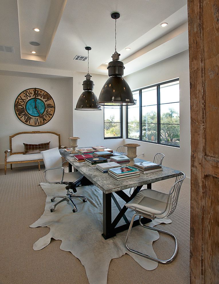 Home office - transitional freestanding desk carpeted home office idea in Austin with white walls