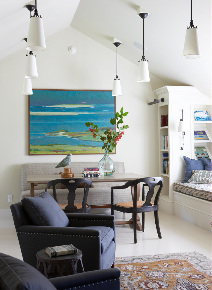 Home office library - mid-sized transitional freestanding desk white floor and porcelain tile home office library idea in Boston with white walls and no fireplace