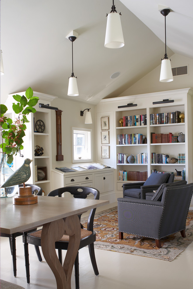 Example of a mid-sized transitional freestanding desk white floor and porcelain tile home office library design in Boston with white walls and no fireplace