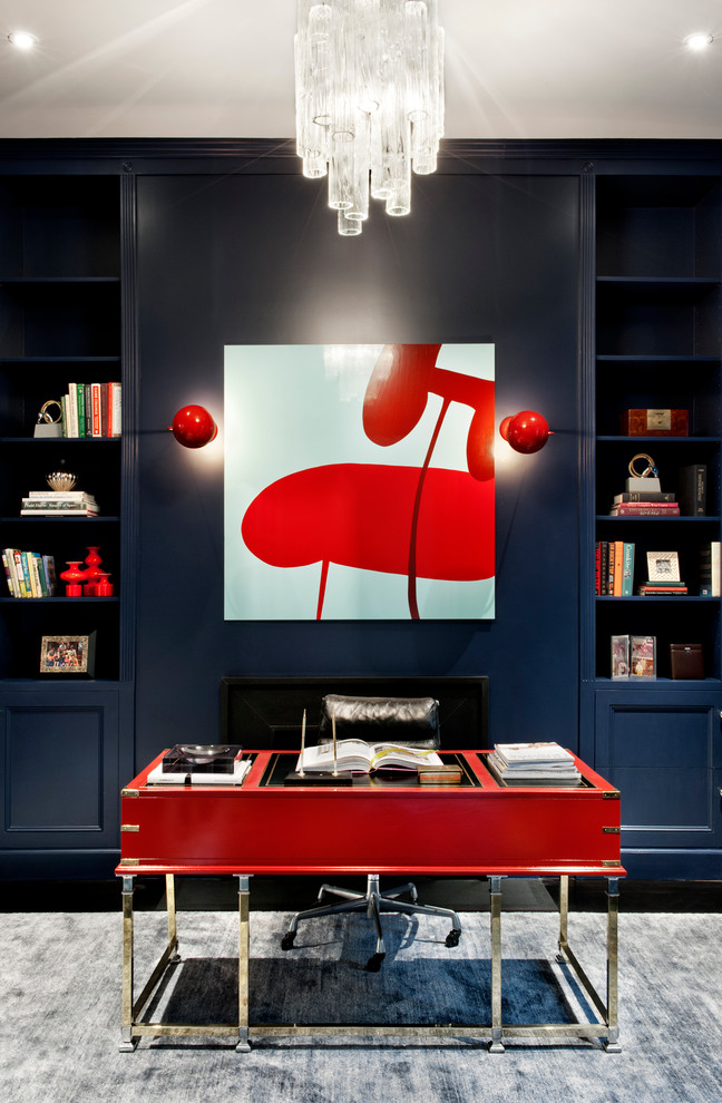 Inspiration for a contemporary freestanding desk study room remodel in New York with blue walls