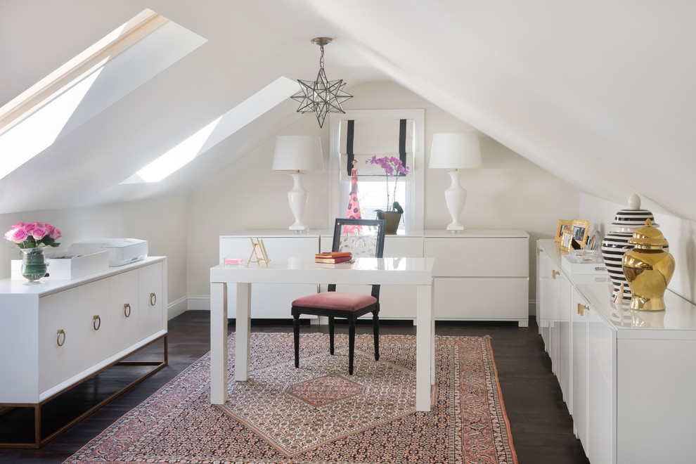 Home office - mid-sized transitional freestanding desk dark wood floor and brown floor home office idea in Boston with white walls and no fireplace