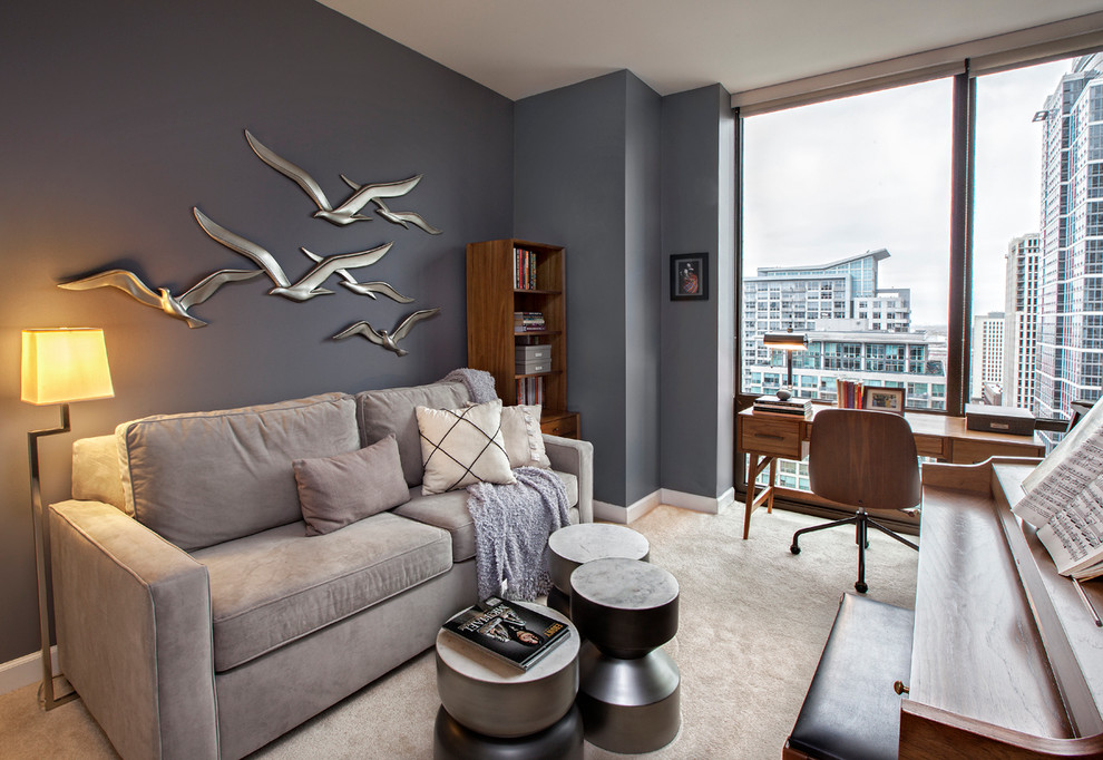 Example of a small trendy freestanding desk carpeted study room design in Chicago with gray walls and no fireplace