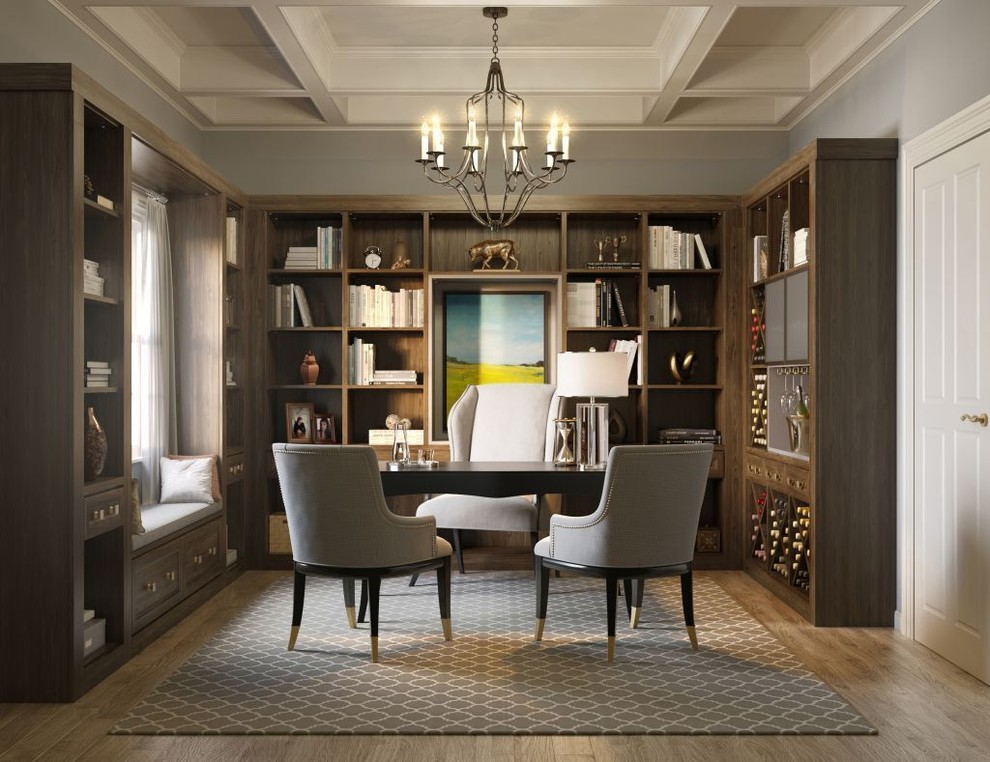 Стильный дизайн: домашняя мастерская среднего размера в классическом стиле с серыми стенами и отдельно стоящим рабочим столом без камина - последний тренд