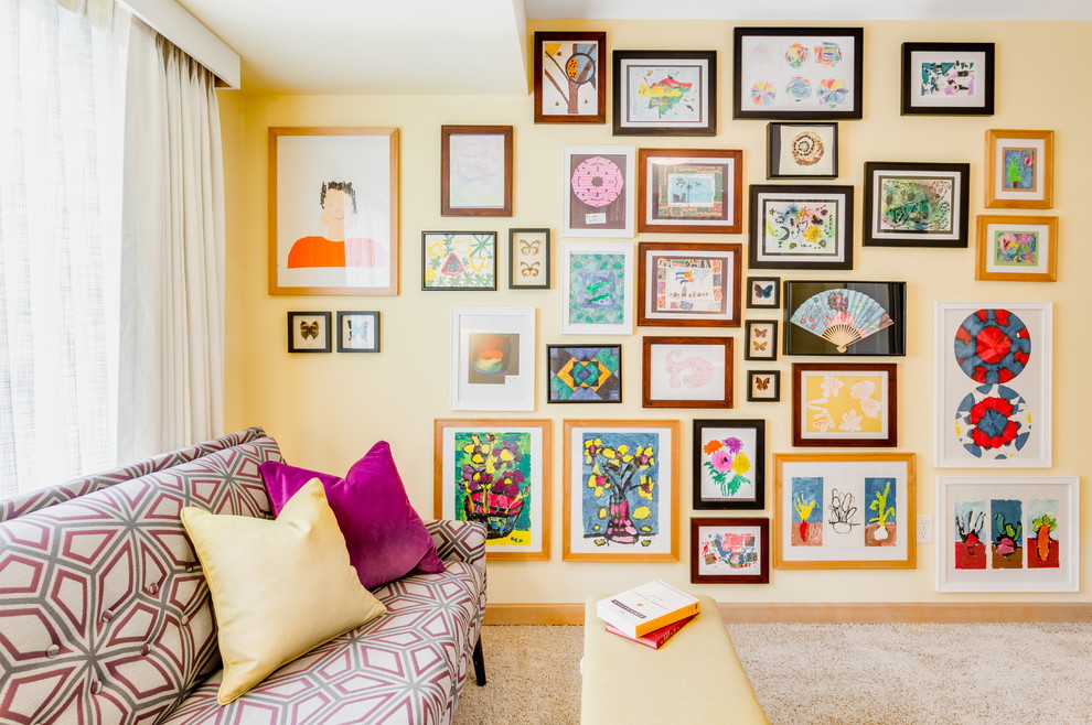 Home office - eclectic carpeted home office idea in Seattle with yellow walls and no fireplace