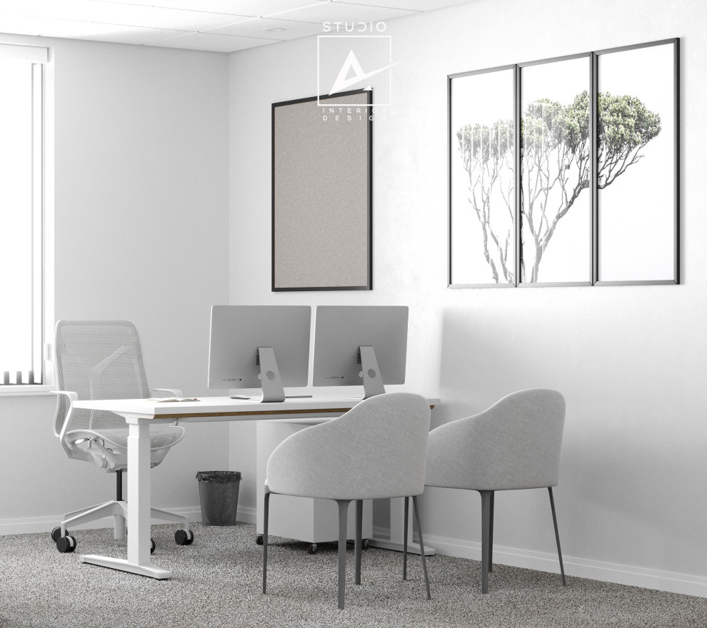 На фото: кабинет среднего размера в современном стиле с белыми стенами, ковровым покрытием, отдельно стоящим рабочим столом и бежевым полом