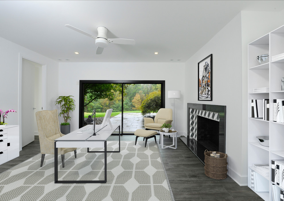 Inspiration pour un grand bureau design avec un mur blanc, parquet foncé, une cheminée standard, un manteau de cheminée en carrelage, un bureau indépendant et un sol gris.