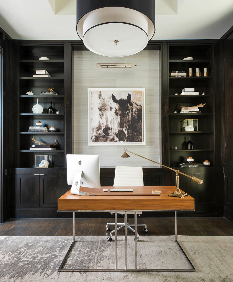 Example of a trendy freestanding desk dark wood floor study room design in Dallas