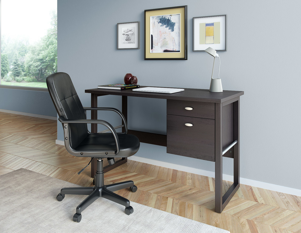 Стильный дизайн: кабинет в стиле неоклассика (современная классика) с отдельно стоящим рабочим столом - последний тренд