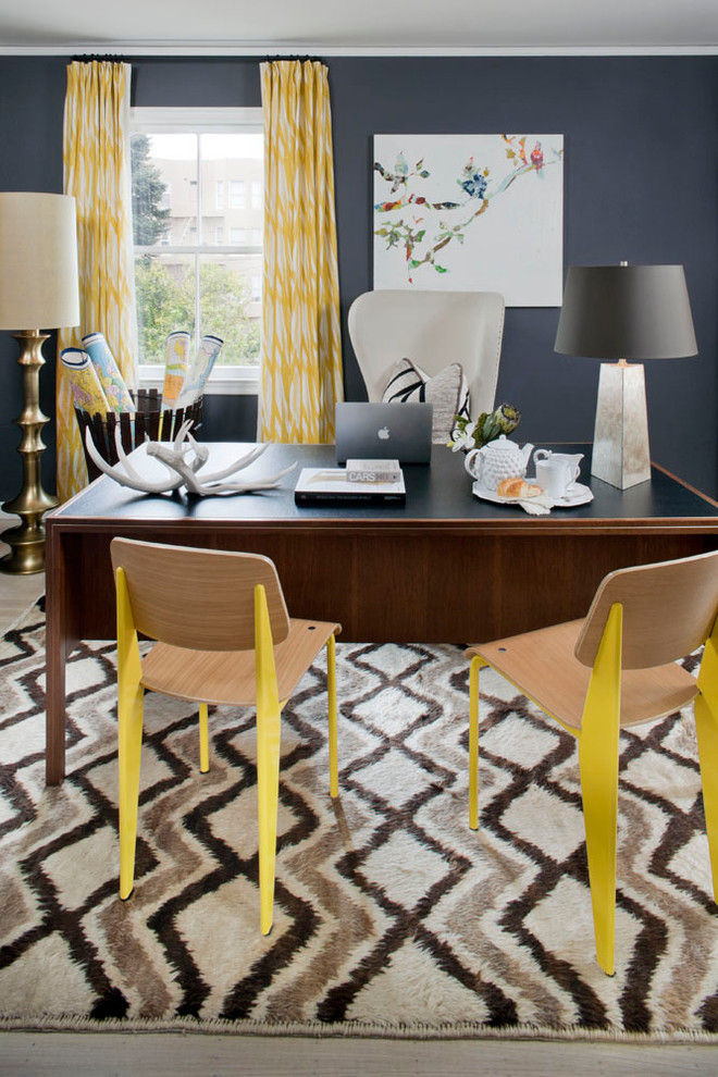 Inspiration for an eclectic home office remodel in San Francisco with blue walls
