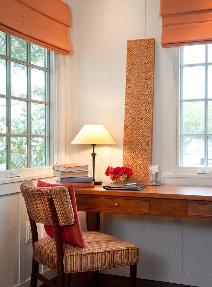 Study room - mid-sized traditional freestanding desk dark wood floor and brown floor study room idea in San Diego with white walls and no fireplace