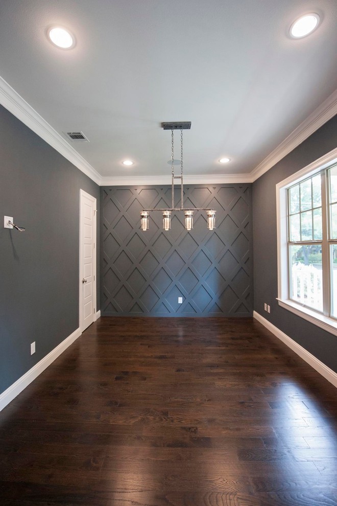 Medium sized classic study in Dallas with grey walls and dark hardwood flooring.