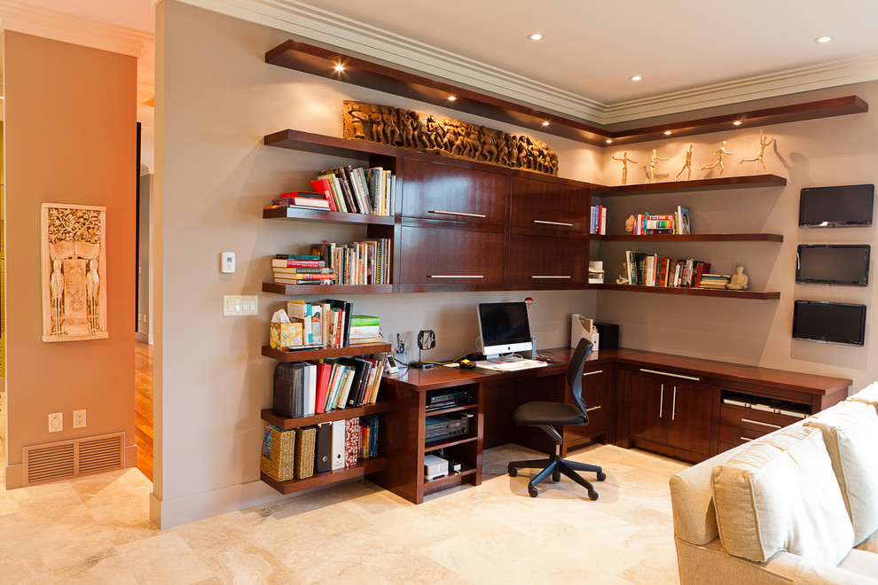 Home office - contemporary built-in desk home office idea in Edmonton