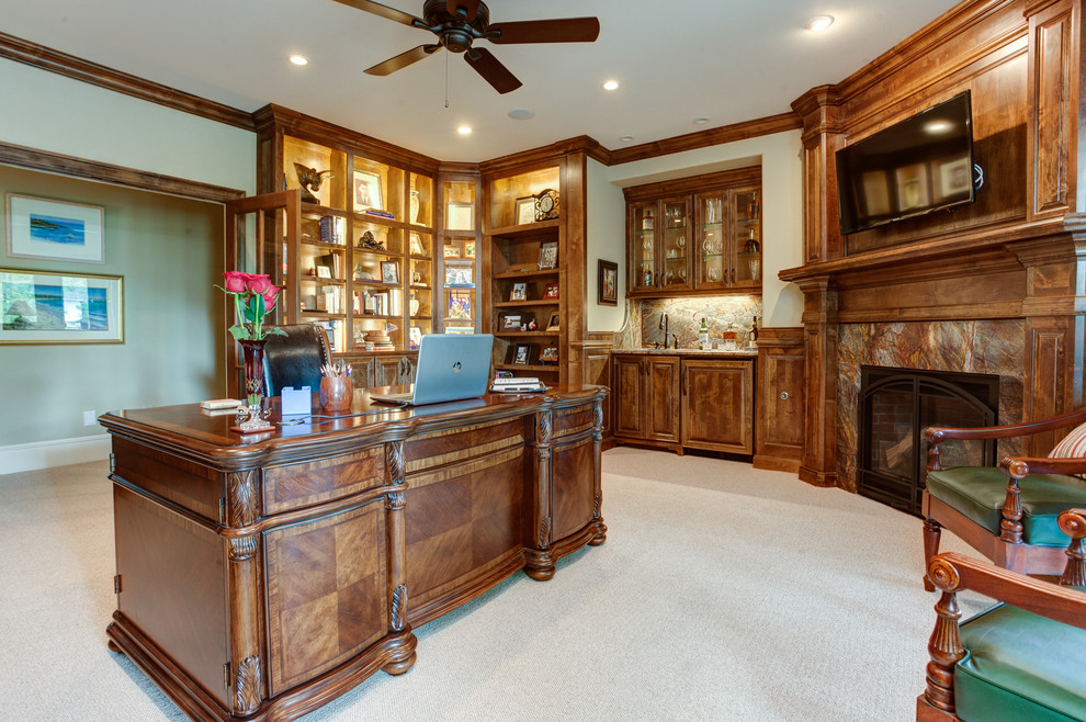 Large elegant freestanding desk carpeted and beige floor study room photo in Little Rock with beige walls, a standard fireplace and a tile fireplace