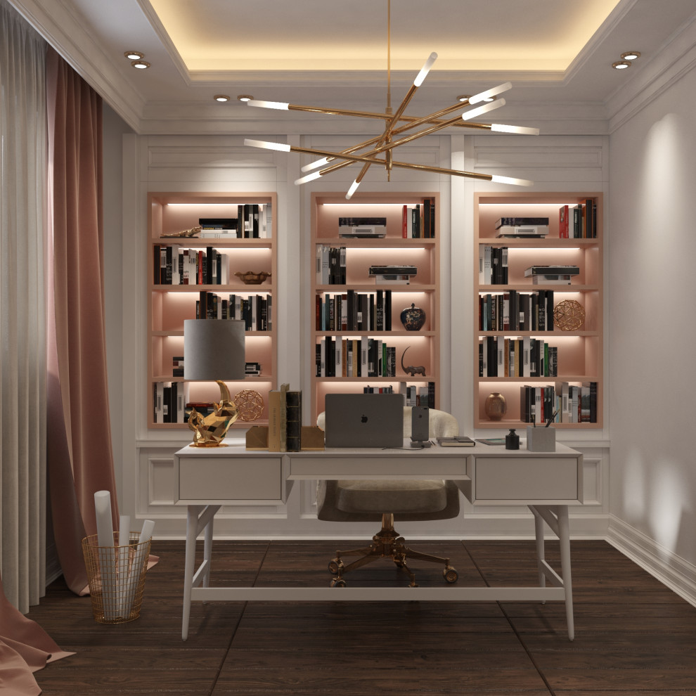 Idée de décoration pour un bureau design de taille moyenne avec une bibliothèque ou un coin lecture, un mur blanc, parquet foncé, une cheminée standard, un bureau indépendant et un sol marron.