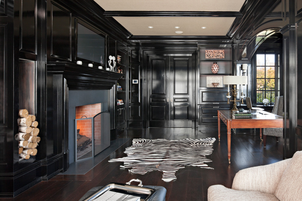 Inspiration for a large timeless freestanding desk dark wood floor home office remodel in New York with black walls