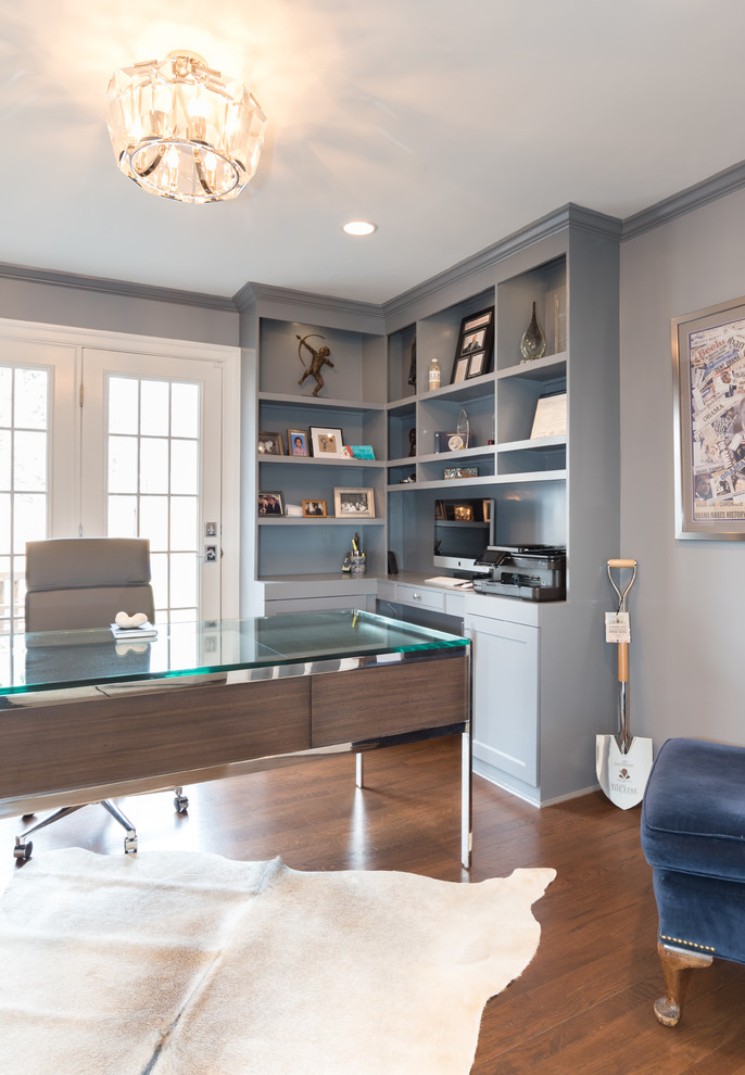 Study room - mid-sized contemporary freestanding desk dark wood floor and gray floor study room idea in DC Metro with gray walls and no fireplace