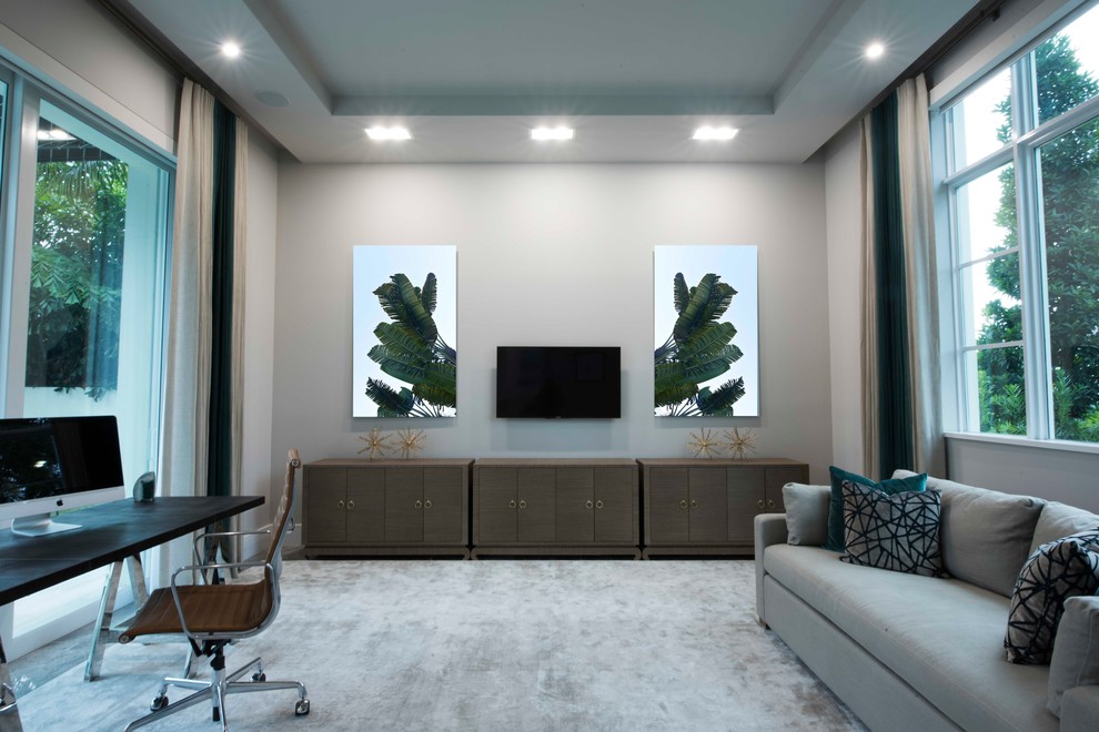 Imagen de despacho contemporáneo grande con paredes grises, suelo de mármol, escritorio independiente y suelo beige