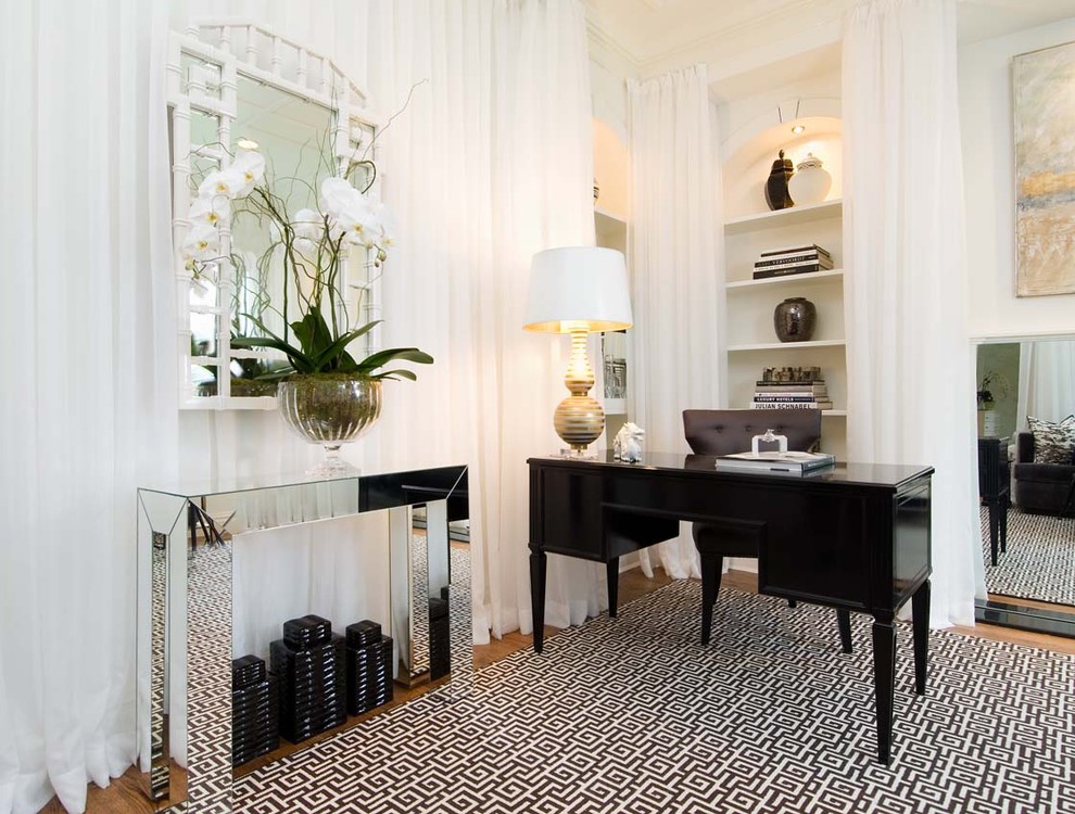 Study room - large contemporary freestanding desk medium tone wood floor study room idea in New York with white walls and no fireplace