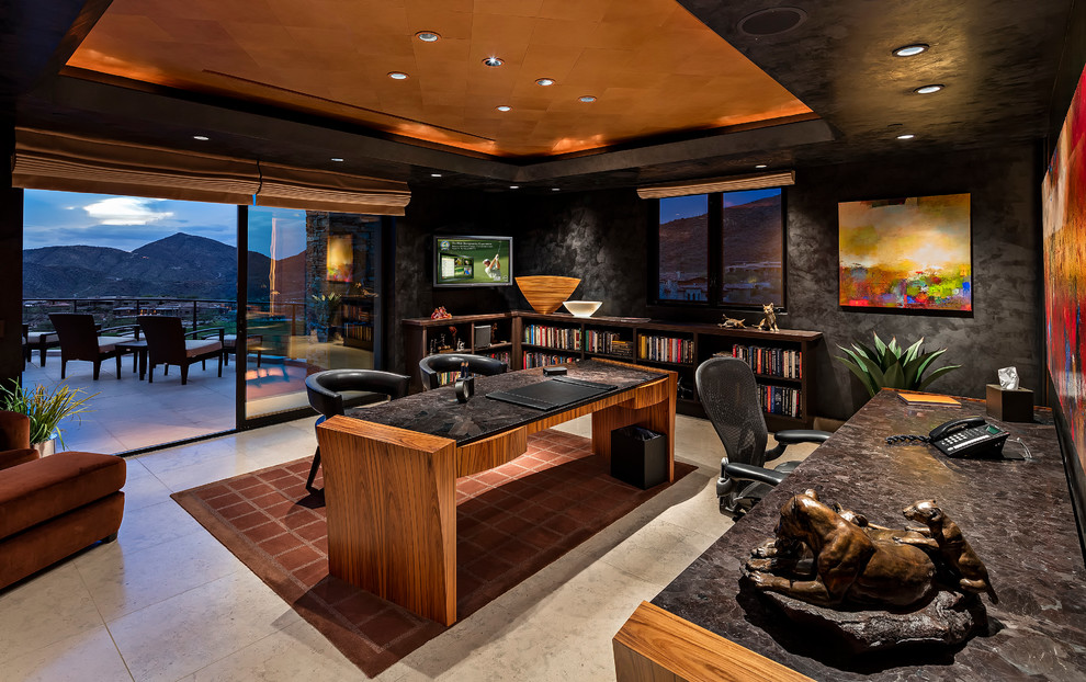 Design ideas for a contemporary study in Phoenix with grey walls, no fireplace and a freestanding desk.