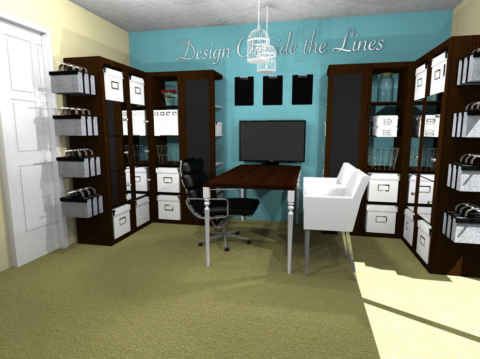 Mittelgroßes Modernes Arbeitszimmer mit Studio, blauer Wandfarbe, Teppichboden und freistehendem Schreibtisch in Phoenix