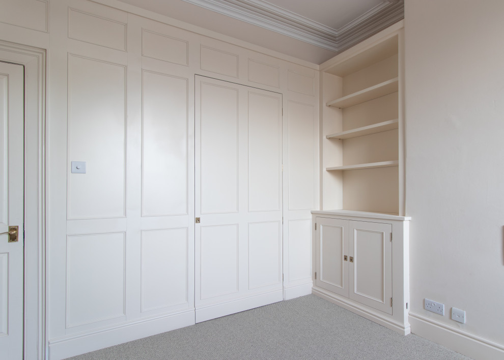 Medium sized victorian home office in Cheshire with beige walls, carpet and beige floors.