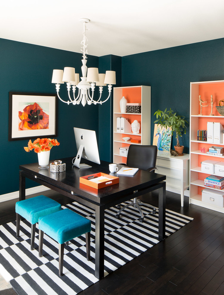 Photo of a small traditional study in Denver with blue walls, dark hardwood flooring, a freestanding desk and no fireplace.