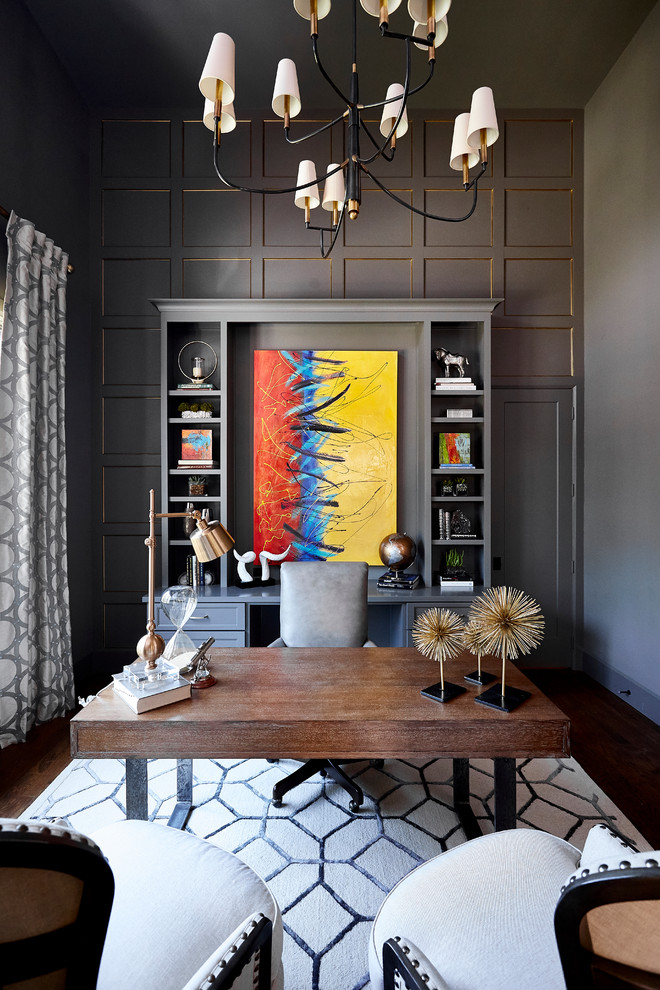 Large transitional freestanding desk dark wood floor and brown floor study room photo in Dallas with gray walls and no fireplace
