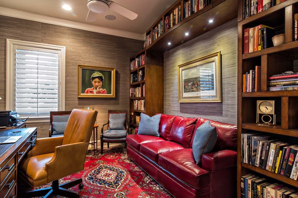 Design ideas for a large classic study in Miami with brown walls, carpet, no fireplace and a freestanding desk.