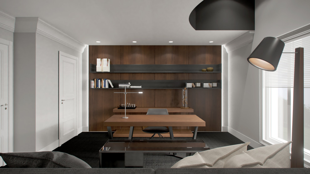 Idee per un ufficio minimal di medie dimensioni con moquette e scrivania autoportante