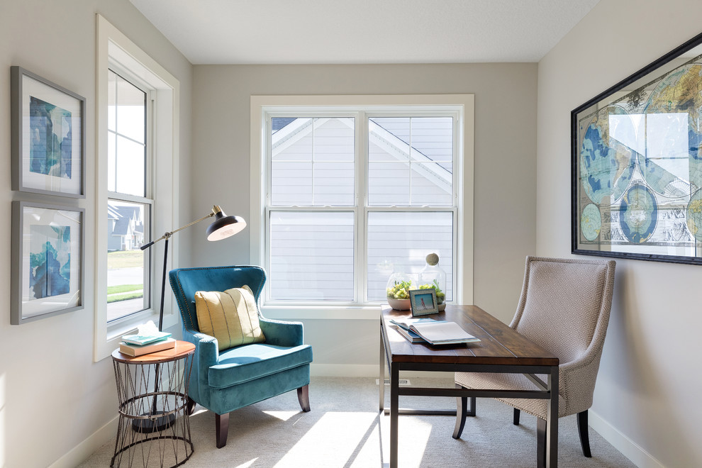Study room - traditional freestanding desk carpeted and beige floor study room idea in Minneapolis with gray walls and no fireplace