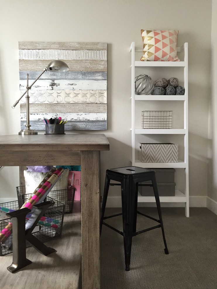 Inspiration for a medium sized classic craft room in Denver with grey walls, carpet, no fireplace and a freestanding desk.